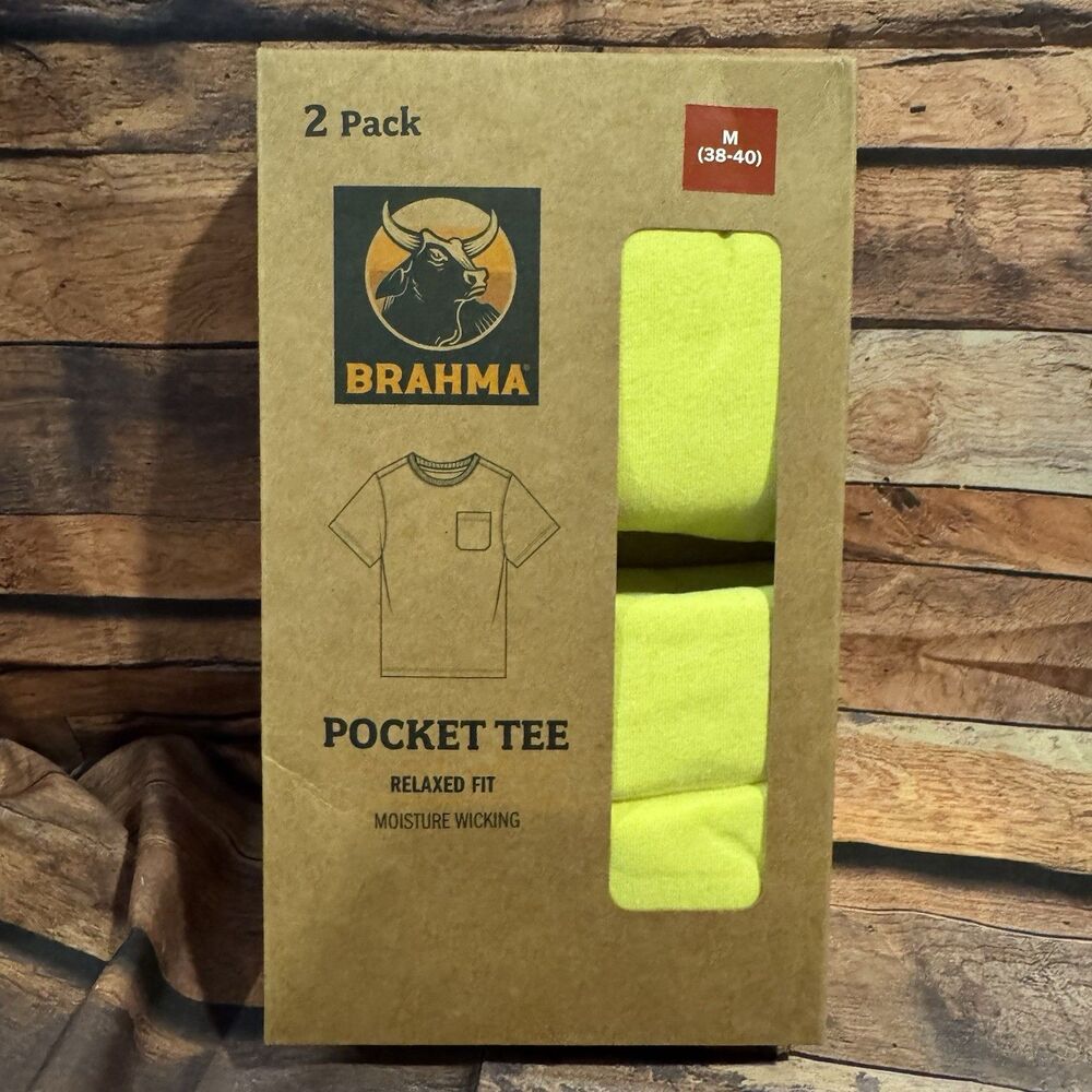 Brahma Mens 2 Pack Pocket Tee Shirt Medium M Neon Yellow Hi-Viz Moisture Wicking